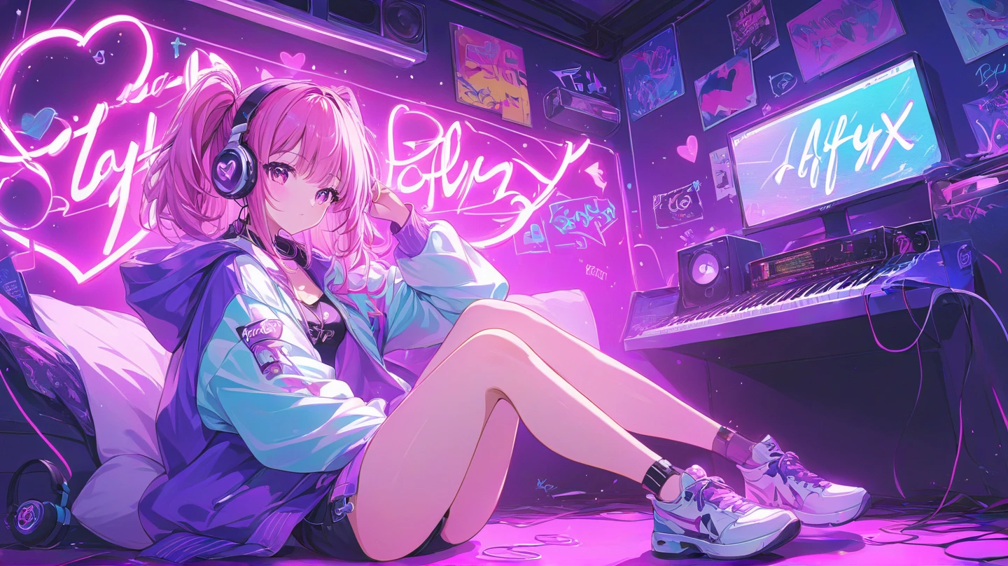 (masterpiece), Highest quality, Expressive eyes, Neon pastel aesthetics, Retro 90s, Neon color,((Girl sitting on sofa,In a cozy room,Records hanging on her wall, Comic books on the floor, Looking out the window behind her at the night city, Upholstered room, Anime figures lined up on a shelf)), Wearing headphones, (All around her it sparkles), (Wearing high socks and heels), (blue eyes), (Soft look), ((Synthwave Art Style)), Colorful Hair, Desk with PC set up