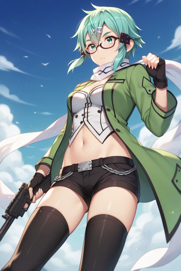 highest quality, masterpiece, High resolution, alone, {Kirishima_Fleet Collection:1.15}, short_hair, Glasses, black_hair, hairband, Non-traditional_Miko, Green Frame_Glasses, headgear, smile, One girl, just_shoulder, green_eye, independent_sleeve, Japanese_Clothes, skirt, thigh_boots, thighhighs, boots, cannon, pantyhose, turret, adjust_Glasses, (panties), (bra), (In underwear), (lingerie),