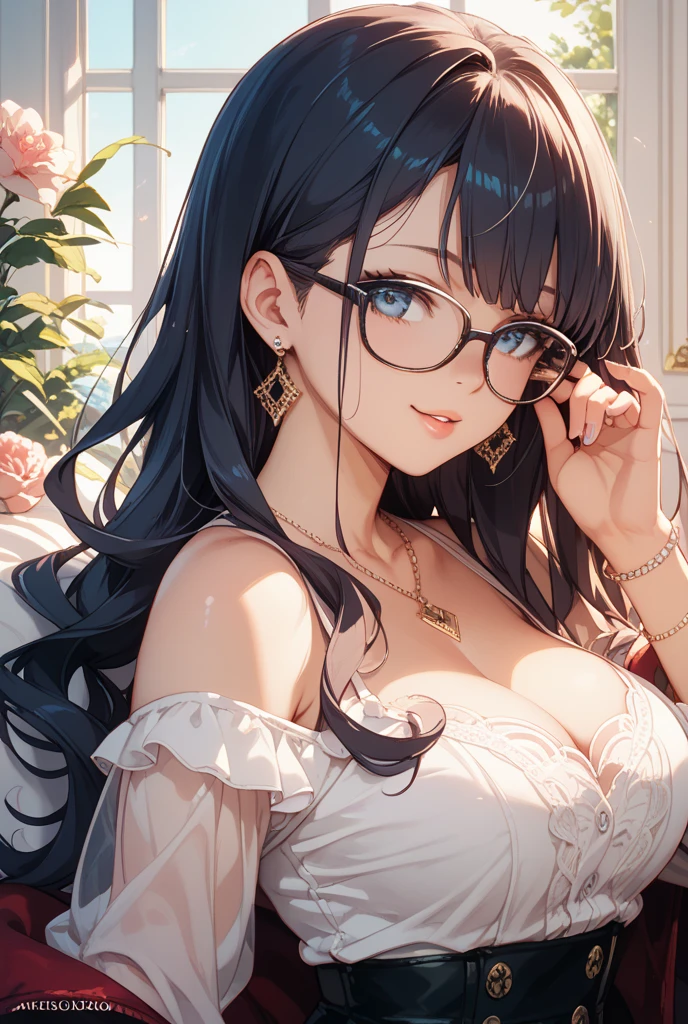 Delicate picture, a beautiful girl, long black hair, wavy hairstyle, wearing black-framed glasses, smile, necklace, temperament, big breasts,