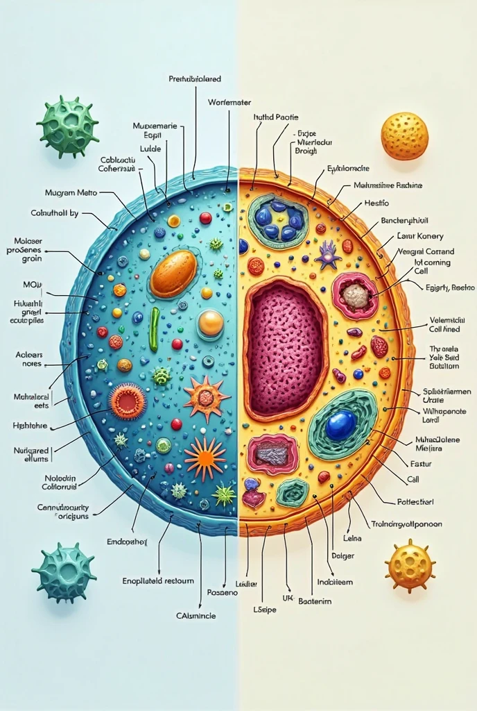 Create an image that contains the following information written on it: 
-Plasma membrane: Eukaryotic cell (both) and procarionte. 

Formada por lípidos and proteina. Its main lipids are phospholipids., These form a double layer which contains proteins that can cross the membrane or over it. ( proteínas integrales and perifericas).

- It&#39;s like the security guard, allows or denies passage to different organisms that want to enter or leave the cell. 

-Citosol and citoplasma: eukaryotic cellss (both) and procarionte.

Citosol: medium where organelles or different components are arranged, The organelles and the nucleus and cytoplasm are not counted.: refers to all cellular content, refiriéndose a organelos and núcleo.


-Cytoskeleton:  eukaryotic cell (both) and *no estoand segura* procarionte.
 
Aanduda a darle forma a la célula and esta en el citosol, esta aanduda al transporte de otros organelos o vesiculas ( protein bags) to carry out its functions. 

-microfilaments.
-intermediate filaments -microtubules.


-nucleus: eukaryotic cells (both).

existentes en todas las cells (except for some like red blood cells, or more than one, como cells del musculo esqueletico).

It is enveloped by something called *karyotheca* (This presents contact with the RER), existen intercambio con el citoplasma and carioplasma. 
carioplasma: medio dentro del nucleo donde estan las cromatidas and los nucleolos.

*THE GENETIC MATERIAL IS IN THE NUCLEUS,  UNLIKE PROKARYOTIC CELLS (These have the genetic material dissolved in the cytoplasm).*


-Reticulo endoplasmatico: Eukaryotic cell (both)

-RER (rough endoplasmic reticulum)
Flattened sacs with ribosomes on their cortex. Almacena and transporta las proteinas sintetizadas por el ribosoma

-REL (smooth endoplasmic reticulum)
red tubular, without ribosomes. In charge of degradation/desintoxican sustancias toxicas and sintetizar lipidos (not: membrane phospholipids).

-Golgi section: cells 