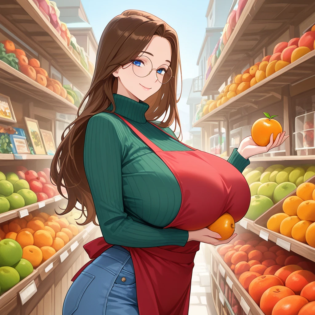 A curvy woman with long, wavy brown hair is standing in a fruit market. She is wearing a floral blue two-piece outfit, with a revealing top and high-waisted bottom. The background is filled with baskets of various fruits, and the setting has a warm, inviting atmosphere. She exudes confidence, posing gracefully while gazing into the camera.