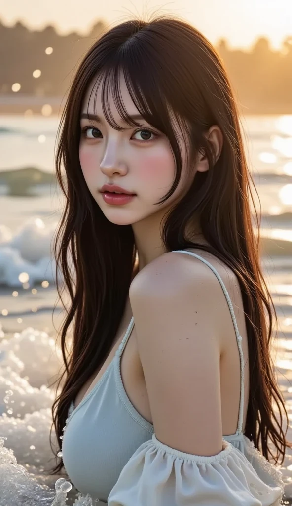 (logo、masterpiece、8k、Tabletop、RAW Photos、wonderful、最high quality、Photorealistic and Very detailed CG integrated 8k wallpaper、high quality、Very detailed、Narrative poem、Particle Effects、Dynamic Effects、Written boundary depth、Cinematic Light、Lens flare、Ray Tracing)、Fantasy、 (One beautiful woman、White pants、White T-shirt、White tube top、White crop top、Black-haired、Beautiful Face、True Face、Beautiful details、eye、Beautiful Skin、Ultimate Body、glamorous)、私の髪はWindに舞う、Hair flutters in Wind、Hair bounces、Seaside、wonderful景色、Coastal、sunrise、Sun in the background、Wind、Beach
