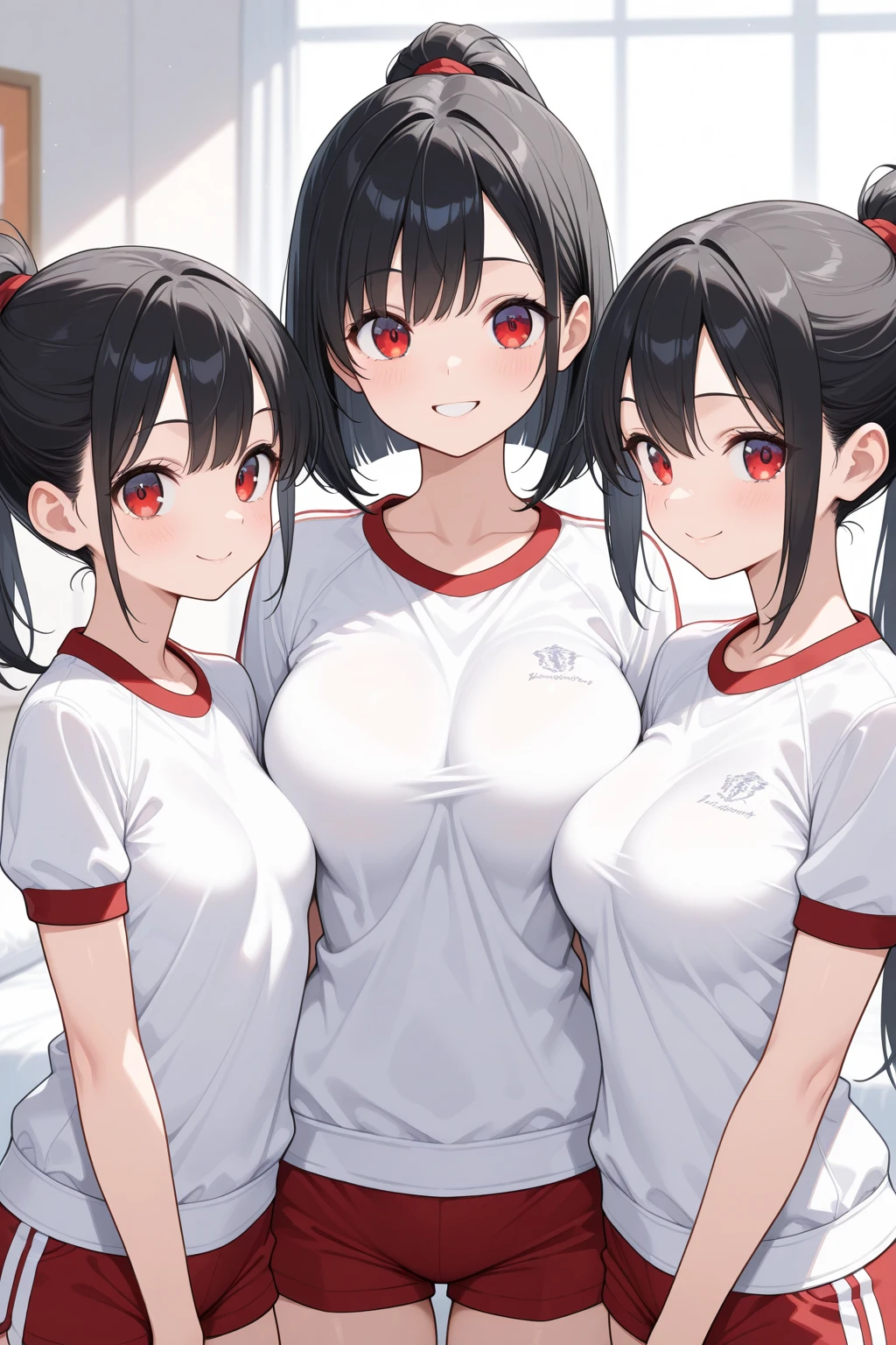 nsfw,4girls,side by side,upper body,shirt lift,lineup,Multiple Girls,straight-on,tow side up,twin tail,masterpiece,best quality, very aesthetic,absurdres,black,red,White,Silver,masterpiece, best quality, very aesthetic, Absurdres Student,big breast,medium breasts,huge breasts,