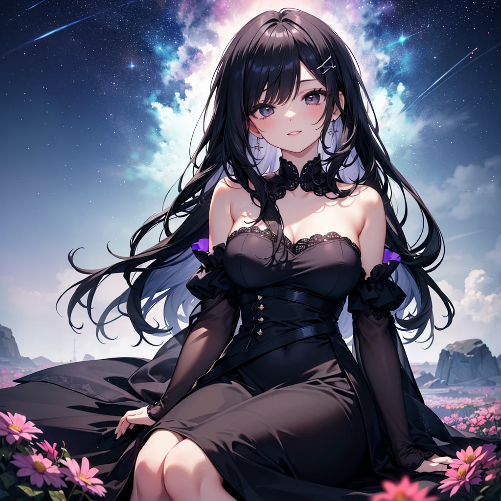 (masterpiece), best quality, expressive eyes, perfect face, (nsfw) not safe for work, 1girl, [highly detailed eyes], (highly detailed eyes), anime girl with long hair, goddess of the galaxy, nebula, dress, [upskirt], (upskirt}, godly stance, godly pose, head leaning on hand, hand on face, from below, seductive anime girl, [seductive face], mommy, milf, cleavage, ((floating)), no panties, anime best girl, an anime drawing inspired by Naka Bokunen, mature, solo, tall, normal body, dark theme, dark aesthetic, ((black hair with purple undertone)), stars on dress design, ((angry)), smirking, smirk, sexy, ((wind blowing dress up)). pussy, vagina, clit, assfangs, ((galaxy's goddess)), small black horns or black halo, nsfw, ((highly detailed vagina)), 

