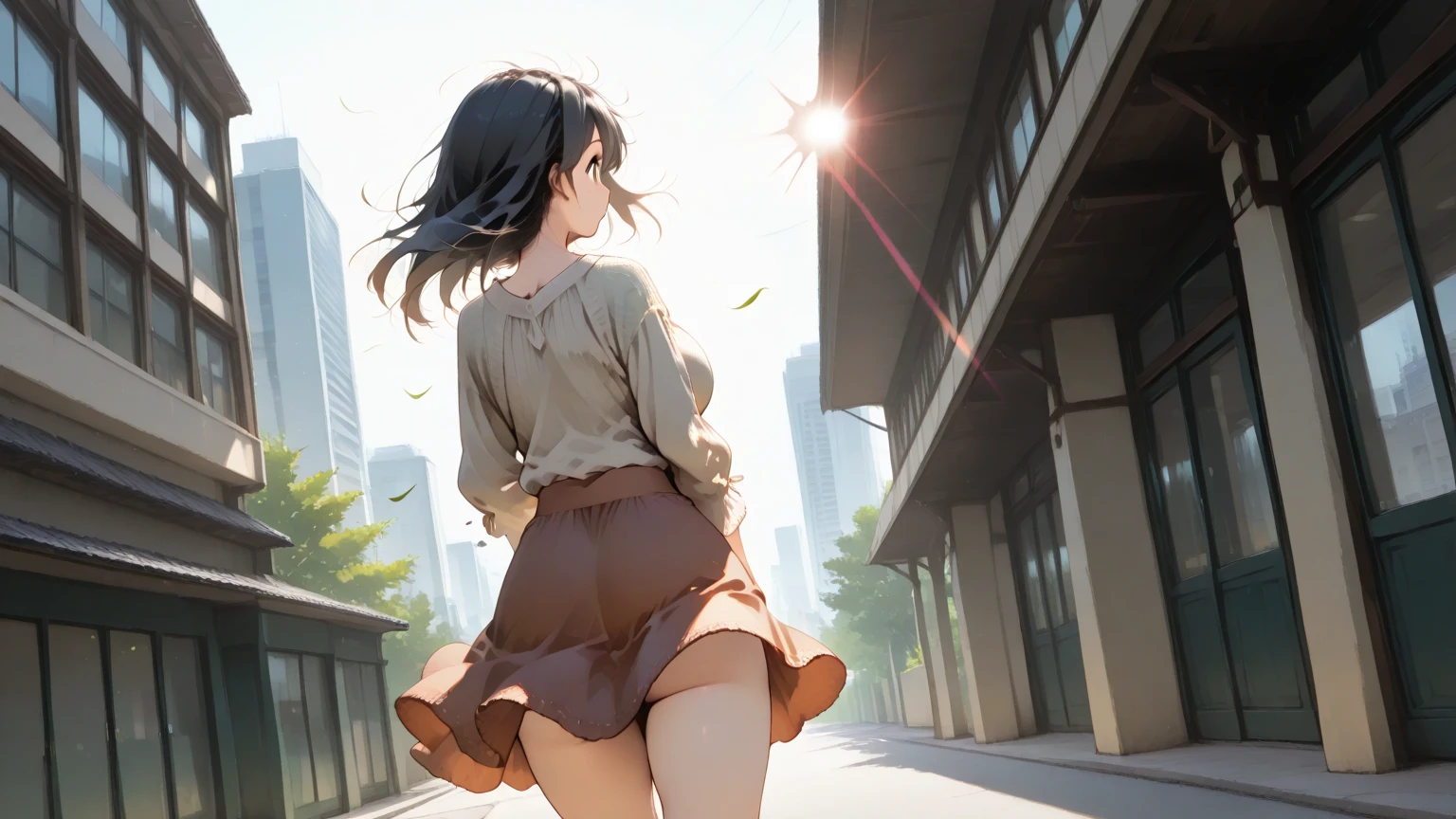 (masterpiece, best quality), 1girl, school uniform, (white panties), panties over pantyhose, from behind, wind, wind lifting skirt, skirt lift, upskirt, city street, walk, long hair, vibrant colors, volumetric lighting, summer, best lighting, best shadows