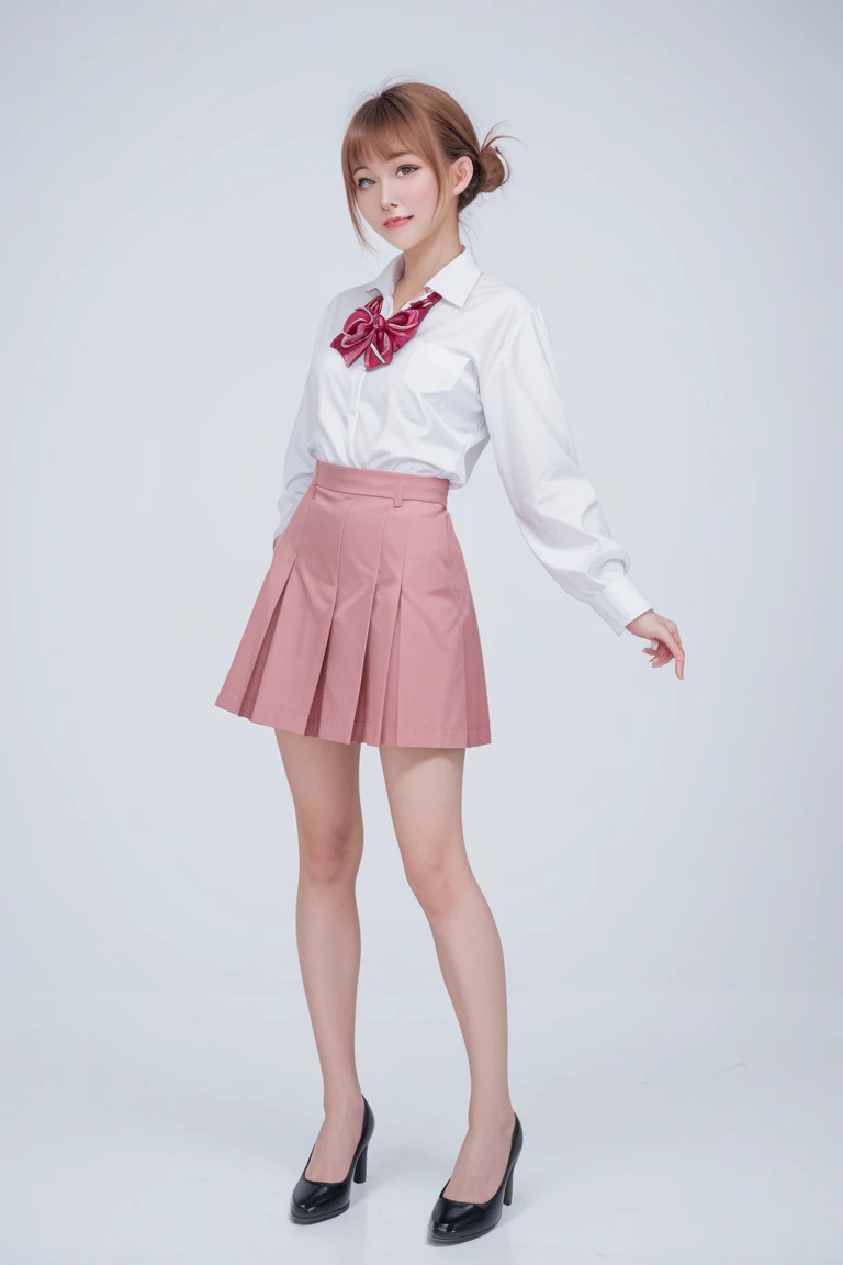 raw photo, 1girl, medium breast, collared blouse, White blouse, pussy, nipple, light smile, detailed skin, simple background, Above the knee, (skirt lift:1.2), skirt lift pov, panty pull, shirt lift up, bra lift up, photorealistic, depth of field, masterpiece, best quality, anatomically correct, super detail, textured skin, accurate