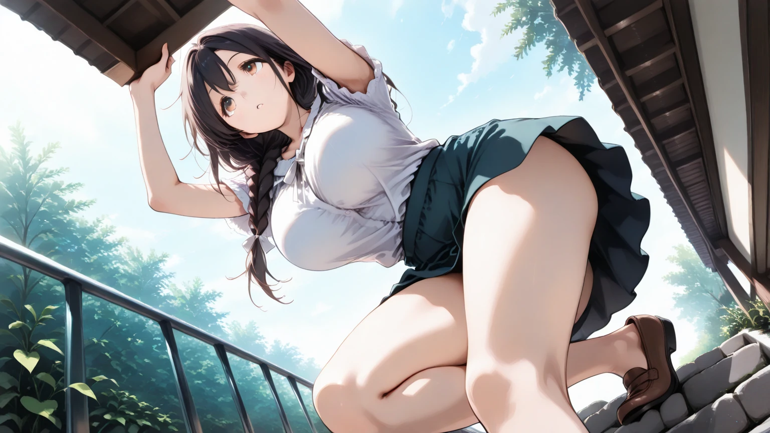 Green eyes, long black hair, crop top, white sweatpants, female karate, hair tie, sneakers, white stockings, muscles, sweating