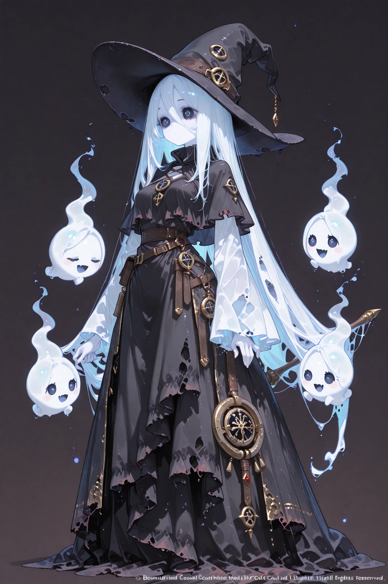 (masterpiece, highest quality), (very detailed, highest quality, official art, beautiful and aesthetic: 1.2) , 1 ghost Girl, cloakedface , round_eyes,dark_face ,Mage, Tattered clothes, Simple Background,