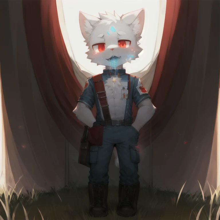 Standing on the rooftop holding a silver sniper rifle white fur orange eyes light blue hair squatting wearing a white sweater