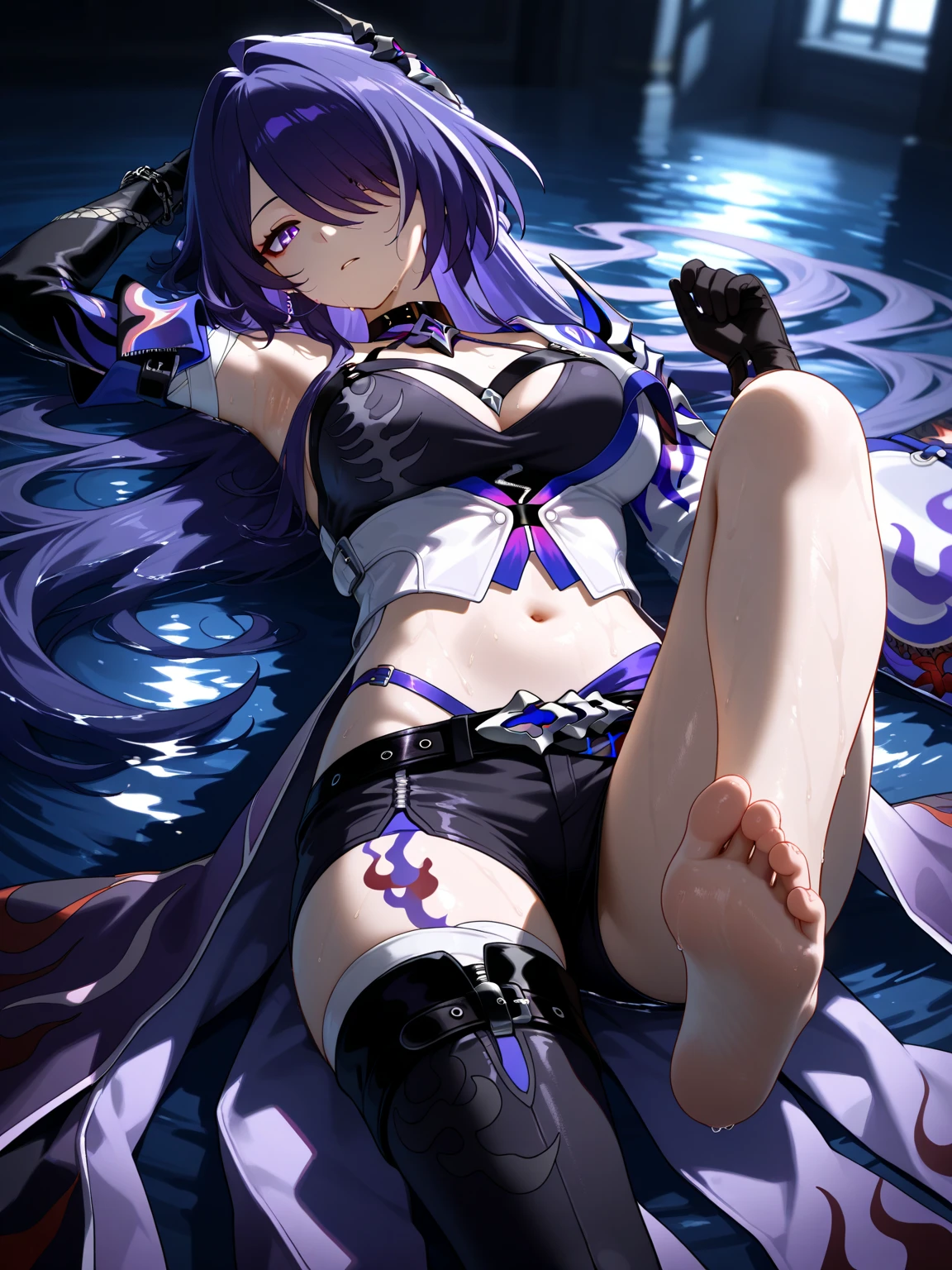 anatomically correct, best quality, masterpiece, high quality, high details, highres, HD, (shaded face:1.2), hollow eyes, purple eyes, looking at viewer, heavy breathing, smirk, upper teeth, purple hair, long hair, cropped hoodie, black bikini, long sleeves, a woman laying on ground, field, water, pixiv, wet,
