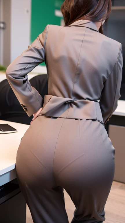 (Best quality, 8k, 32k, Masterpiece, UHD:1.2), 1girl, beautiy Japanese woman, narrow waist, grey suit, open jacket, office lady, suit, pants, from behind, office room, desk,  (stick out one's buttocks:1.2), detailed face, short hair, looking at viewer