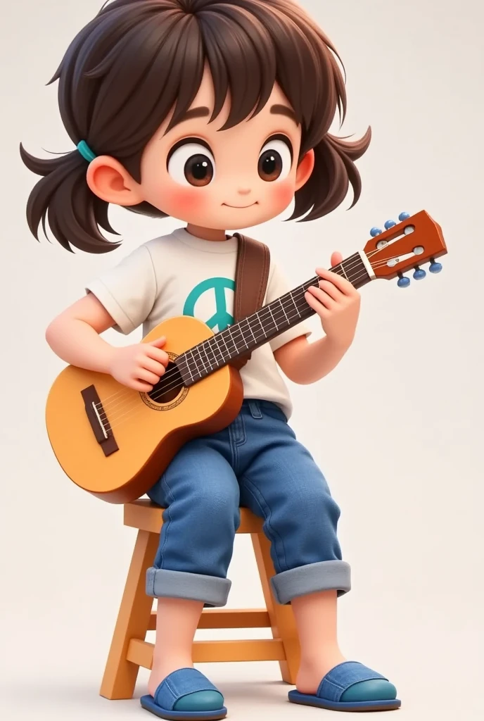Black baby doll with straight hair, big black eyes, wearing a blue shirt, white shorts and white shoes, standing with a guitar in his hand