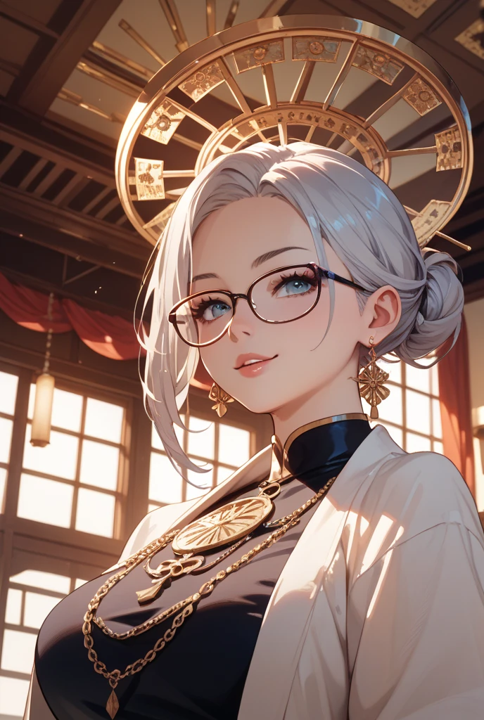 purah, red glasses, hair ornament, white jacket, sleeveless shirt, black skirt, orange leggings, high heels, medium natural boobs, thick, on her knees, cleavage, blushing