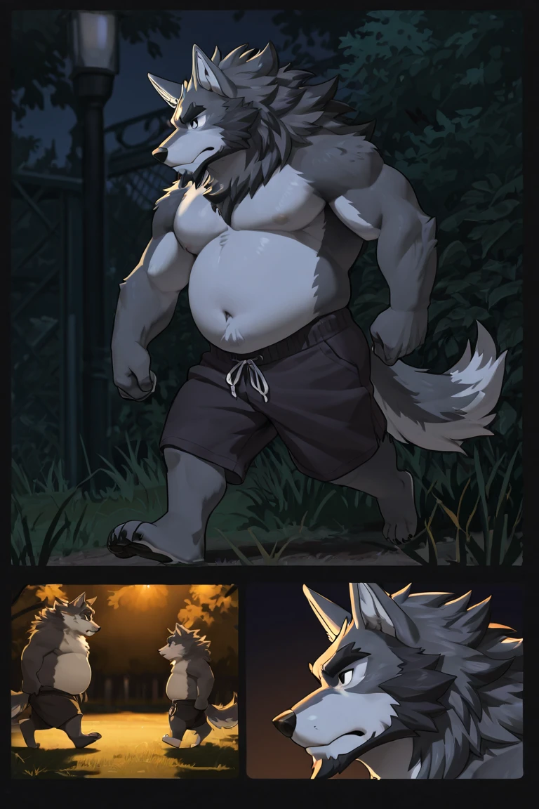 muscular werewolf，black in color, Herb Field，during at night，Hairy everywhere，legs with claws，erect through，fullmoon