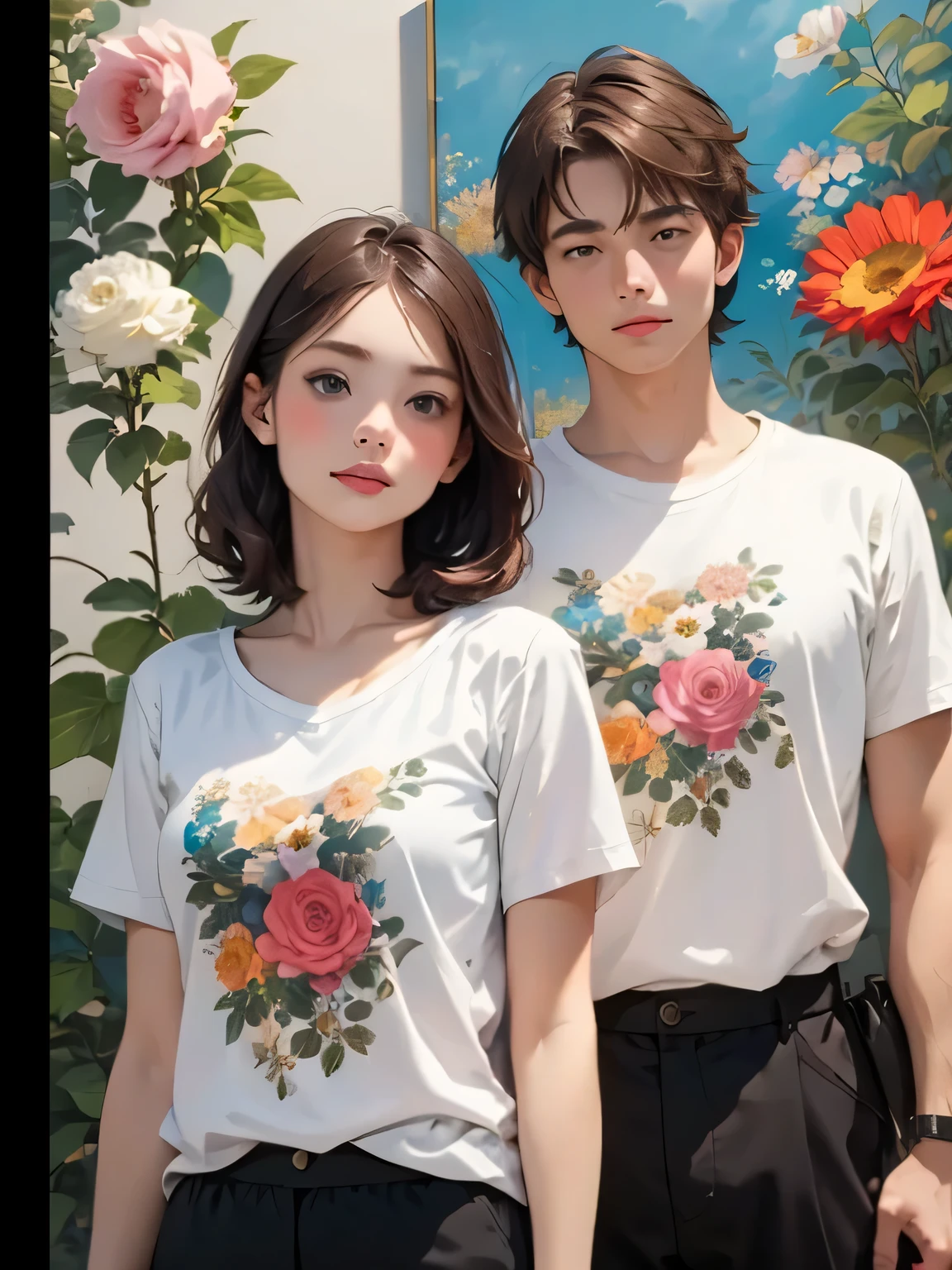 A beautiful couple with a heart drawn on their shirts and in HD quality.