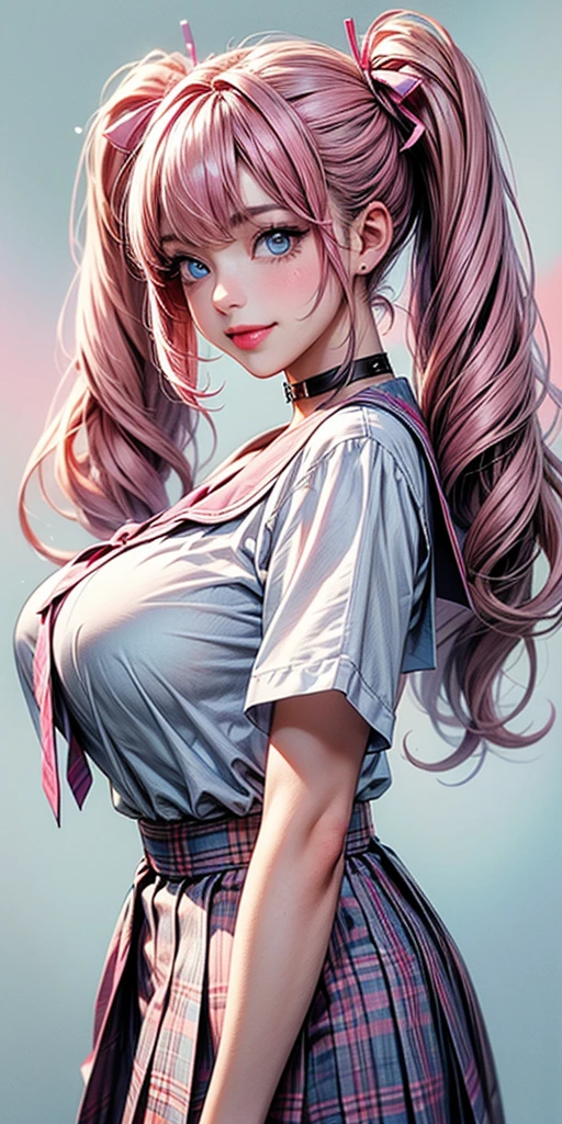 (ultra realistic,32k, masterpiece:1.1),(high detailed skin:1.1), 8k uhd, dslr, high quality, (thick\lips\),
<lora:hozuki_kaede:0.7>aakaede,two-tone hair,side ponytail,sidelocks,hair scrunchie,gyaru,earrings,necklace,breasts,school uniform,red bowtie,collared shirt,pink shirt,long sleeves,bracelet,blue skirt,, , <lora:add_detail:0.99>, (huge breast:1.2),
(looking at viewer, standing, from below:1.1),,
,(iridescence:1.1), blank background