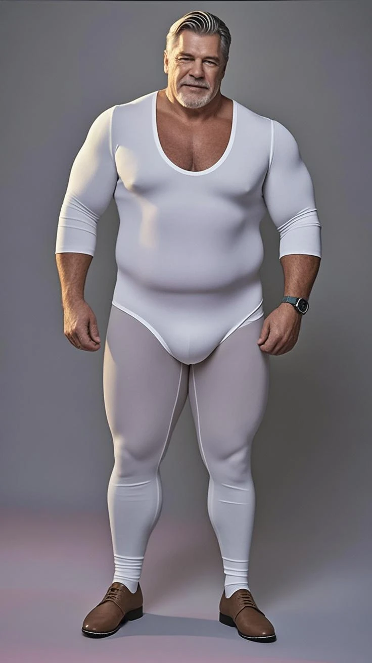 muscular body,heavy weight male,1bara,show face,no facial hairs,clean shave,full body shot,front shot of heavyweights bodybuilder standing,bodybuilder in full body white latex suit,in fullbody latex suit,have white latex as skin,rubbery sking,rubbery,textures,standing,spotlights  source in front,no shadow,big pack,abs,big muscle,smiling,flexing,no background,no nipple show in pictures