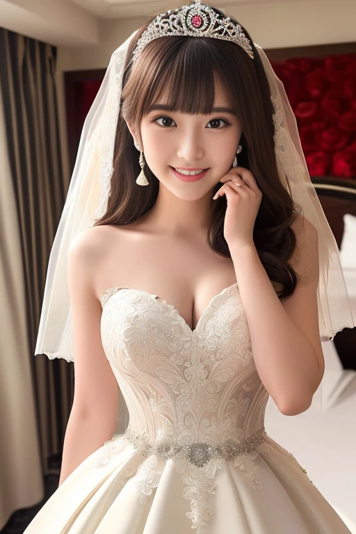 masterpiece，Highest image quality，Super details，best quality ,extremely delicate and beautiful, Very detailed,best quality, official art, Extremely detailed CG unified 8K wallpaper, Huang Li, File size is huge , super detailed, The best look，high resolution ，Bright Eyes，The most beautiful look，Beautiful dreamcatcher earrings，charming smile，Blushed，beautiful breast balls，perfect breast shape，best quality, masterpiece, 1 girl, yak, Cute teenagers, shiny lips, Sweet, The sun is dazzling, conservative dress, Wedding dress, bridal tiara, depth of field, blurred background, cathedral background, light particles, Strong wind, head tilt, long hair, blond，