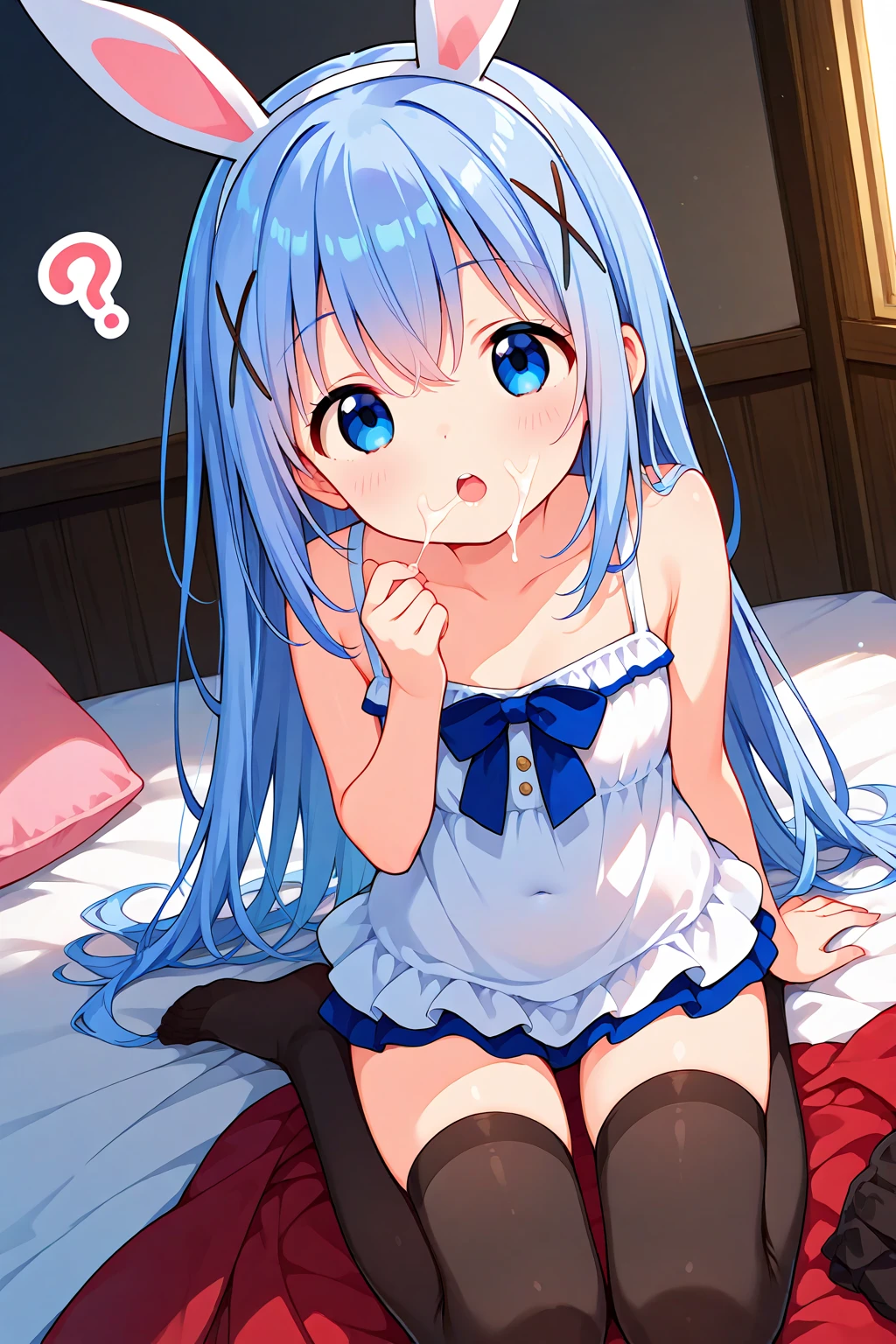 ((highest quality)), ((High resolution)), 1 girl,silver hair、((5~6 years old))、((flowing love juice))、((((blush))))、The lower body is naked、open your pussy、((((pussy is so clear))))、sad、white and blue clothes