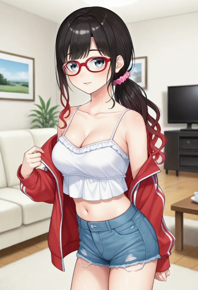 masterpiece, highest quality, minazukikyouko, Black Hair, Glasses, necklace, Earrings, Red sweater, turtleneck, White, Black mini skirt, Large Breasts, Upper Body, View your viewers, Hospital, smile, Mischievous