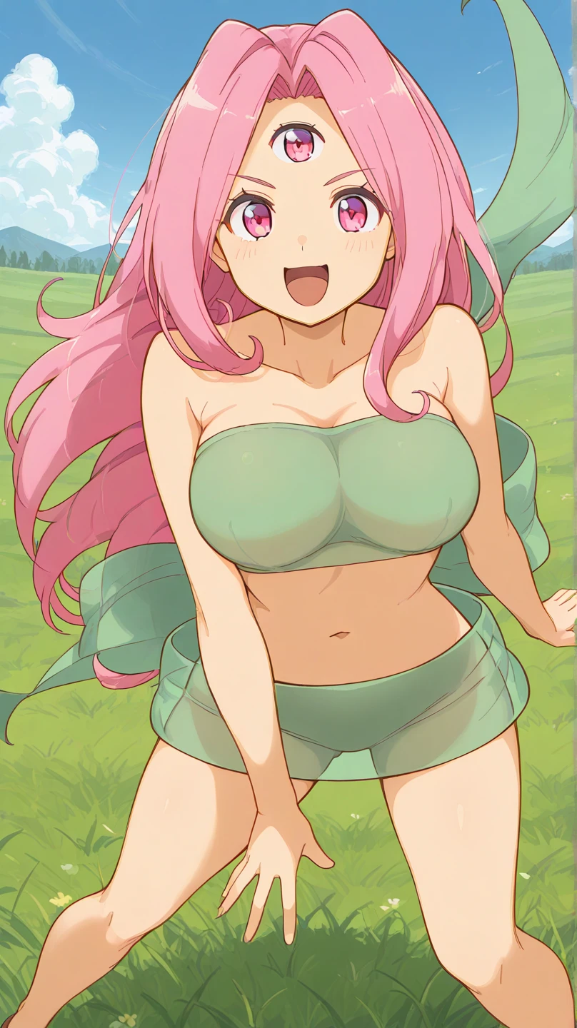 masterpiece, best quality, <lora:mdworld-nvwls-v1-000008:0.9> mdWorld, magenta hair, long hair, third eye, green sash, convenient censoring, midriff, large breasts, grin, breast squeeze, sky, river, clouds