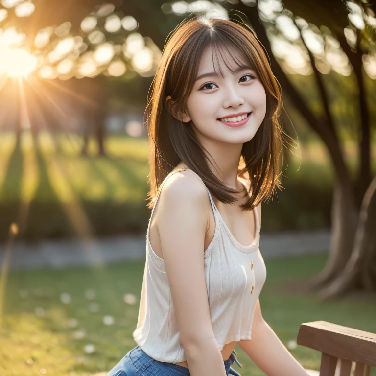realistic pictures (1 cute korean star) shoulder length hair, white skin, light makeup, chest measurement 32 inches, smile a little, wearing a t-shirt, pants, kneeling in a field of sunflowers, chromatic aberration, 16k