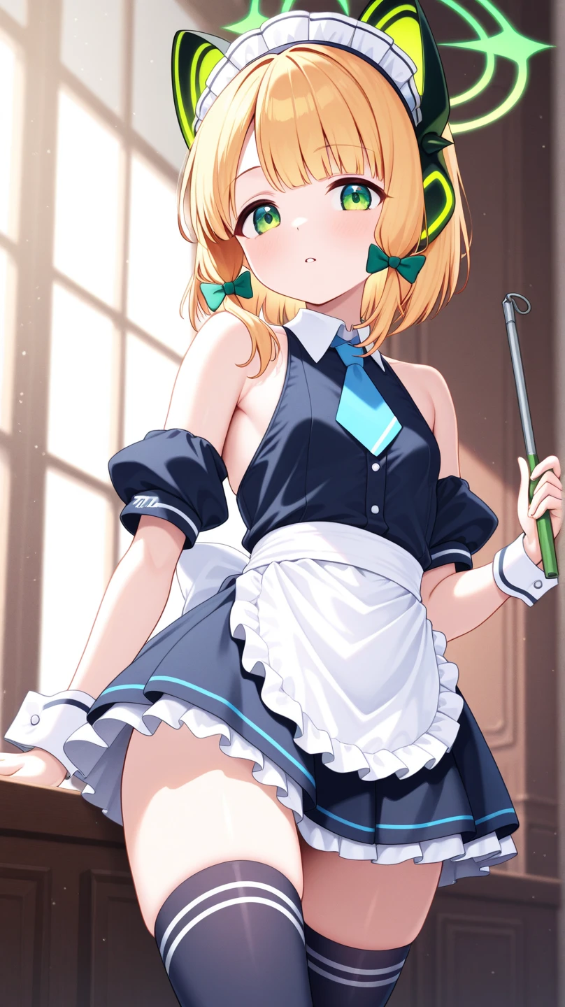 (Highest quality), (masterpiece), 1080P, High resolution, 4K, 8K, ((body cream)), Thighs, Hips, Shooting from below, Look down, Embarrassing, ((Maid clothes)), classroom, chest in hand, Shoulder Bare, throw, chest blowjob, between chest, paizuri, chest, Breast compression, Open your mouth, Fang teeth, Panic face, Exposing the nipples, Frills, ((Micro Bikini)), , Frillsビキニ, small chest, pink blonde hair, Both sides up, Thigh-high socks, 18-year-old, flip flops, strap, Waist button, smile