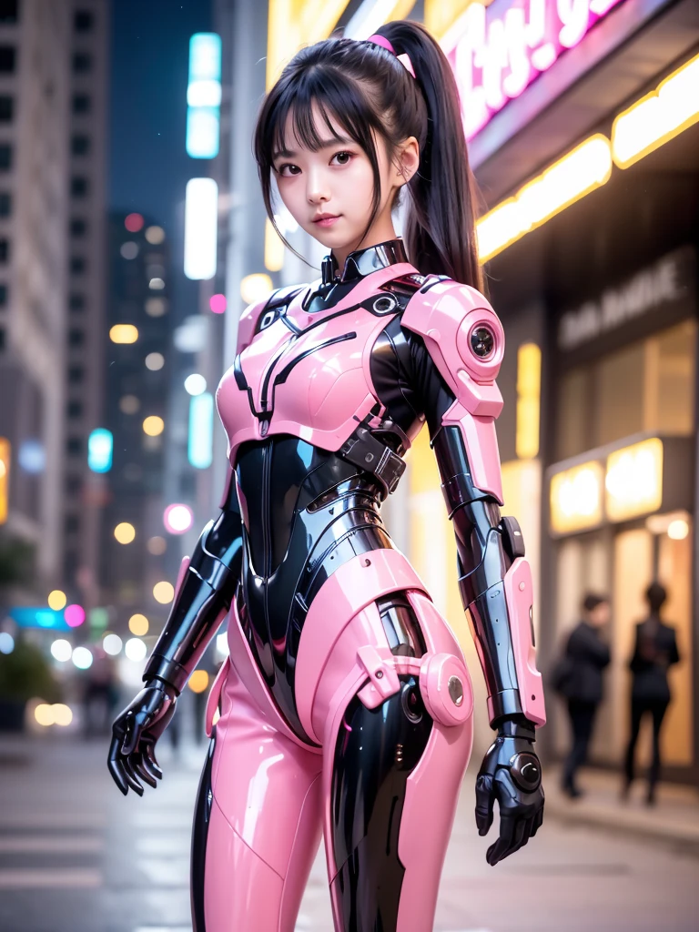 (Photorealsitic:1.4)、Onegirl、(top-quality),(hyperdetailed face)、(Super well-formed face)、((Robot Parts))、(Cyborg girl)、(Burgundy)、(Silver)、(metalic)、(fullllbody)、(Moe Pose)、(Slender body)、(tits out)、(Model body type)、(mecha exposure)、(akihabara)、(is looking at the camera)、(A dark-haired)、(９Head and body)、(a small face)、(Idol)、(front facing)、(is standing)、(Photo session)、(Looks sad)、(Cyborg girl in pink satin dress)、(sleeve less)、(a miniskirt)