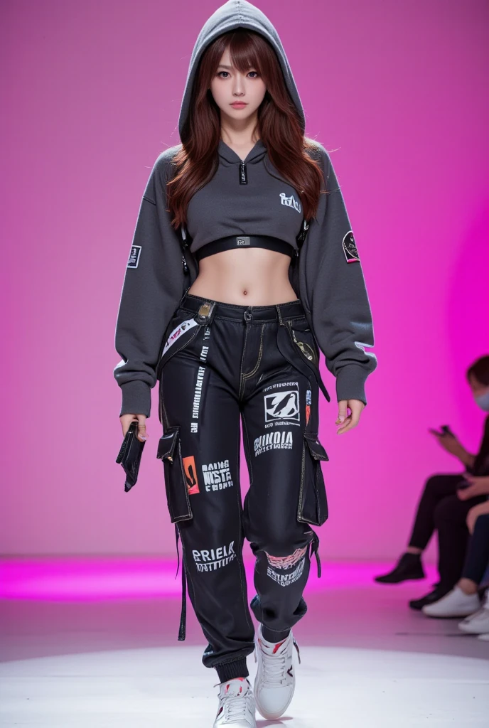 (acronym:1.2, tech wear:1.2, studio photography:0.9, hamcus:1.1), mesh jacket or vest, detailed and textured fabricks (worn by the model), dark and moody lighting, minimalistic background, futuristic vibe.