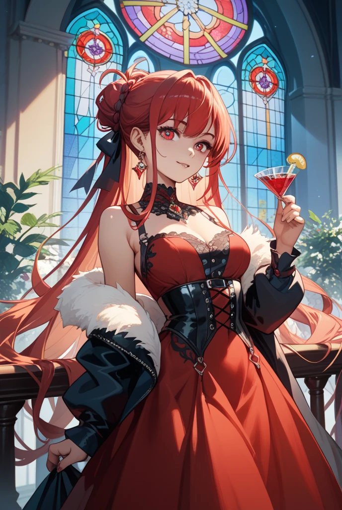 High resolution, high quality, High-resolution model, High detail, Very detailed, (Slim figure:1.5), (Fantasy atmosphere:1.3), (Shot from the thigh up:1.3), (holding a wine glass:1.3),goddess, long hair, Straight Hair, Grown-up face, A relaxed expression, Dark Eyes, Gradient eyes, Front bottom shot, Her hair is black on top and red on the bottom., Mysterious Circlet of Light, Neon-like earrings, Black long dress, Dresses without slits, Black long gloves, Shiny black and red gothic decoration on the costume, A mysterious ring of light in the background extends off-screen, Mysterious light in the background, A shelf with wine bottles neatly lined up all over the background, The shelves in the background are symmetrical,