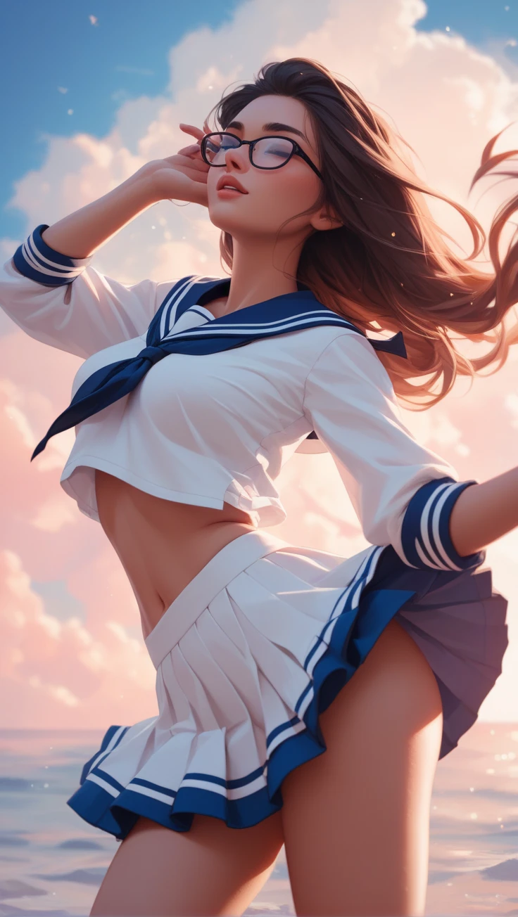 (8K、Raw photography、top-quality、masterpiece、A MILF、Cool beauties、sexy adult)、high definition RAW color photos professional close-up photos、(realisitic、photorealisim:1.37)、(top-quality)、(Best Shadows)、(The best illustrations)、((Blow-up skirt)), ((Skirt lifted by the wind)),((Strong winds from the front)),(WindyUpskirt), ((wind lift)), (blown by the wind:1.5)、((view from below)),((up skirt))、underboob、((Loose and wrinkled white panties))、(hi-school girl、校服、a navel、Mini Sailor、Brown hair、astonished face、red blush、embarrassed from、a miniskirt、frontage、lips split in two)、schools、cowboy shot