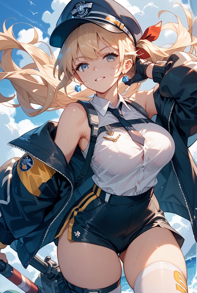 score_9, score_8_up, score_7_up, 1girl, solo, hornet, kantai collection, blonde hair, long hair, blue eyes, bangs, sleeveless shirt, black tie, black skirt, black bomber jacket, sunglasses, large breasts <lora:Kuavera-Style-PonyXL-Dora-000019:1>