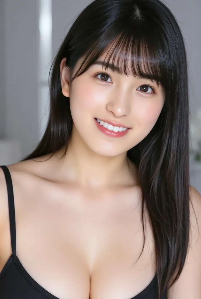 One Woman,Japanese、Beautiful Eyes,Symmetrical eyes,Slim figure, Realistic teeth, double eyelid,Long Hair、Ponytail Hair,smile、Black Bikini,(whole body:1.2)