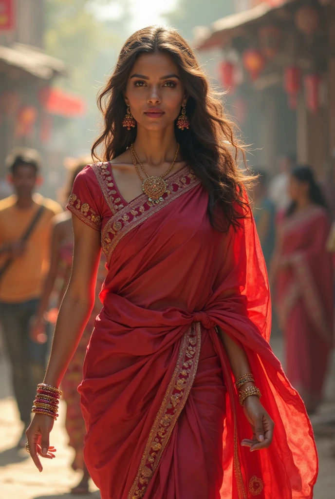 In the bustling streets of a vibrant Indian city, amidst the kaleidoscope of colors and scents, a woman (((Anne Hathaway: Selena Gomez:0.6))) clad in a vibrant red saree and a black blouse becomes an ethereal sight that captivates all who lay eyes upon her. (( huge smiling 0.3)) Her undeniable beauty transcends time and space, leaving onlookers spellbound.Describe the scene as the woman, with her graceful presence, glides through a crowded marketplace, where merchants and shoppers pause to admire her radiance. The atmosphere is alive with whispers as her mesmerizing allure evokes a sense of awe and admiration. Embark on a journey to reveal the woman’s story—her name, her background, her passions—and the reasons behind her choice of attire. Explore her persona, intertwining elements of mystery and allure, as people speculate on the secrets hiding behind her enchanting gaze.Incorporate the sights, sounds, and emotions that surround this extraordinary woman, as she navigates through the city’s vibrant tapestry. Whether it be the scent of freshly ground spices, the distant sound of temple bells, or the intricate henna designs adorning her hands, immerse the reader in the sensory experience of this captivating moment. As the story unfolds, her path intertwines with that of a curious photographer who becomes determined to capture her undeniable beauty in a single photograph. Describe their encounters, the photographer’s attempts to understand her story, and the profound impact this woman’s presence has on his own life.(Blur Background:1.6), (Blue Hue:0.8), (Auto focus:1.4)