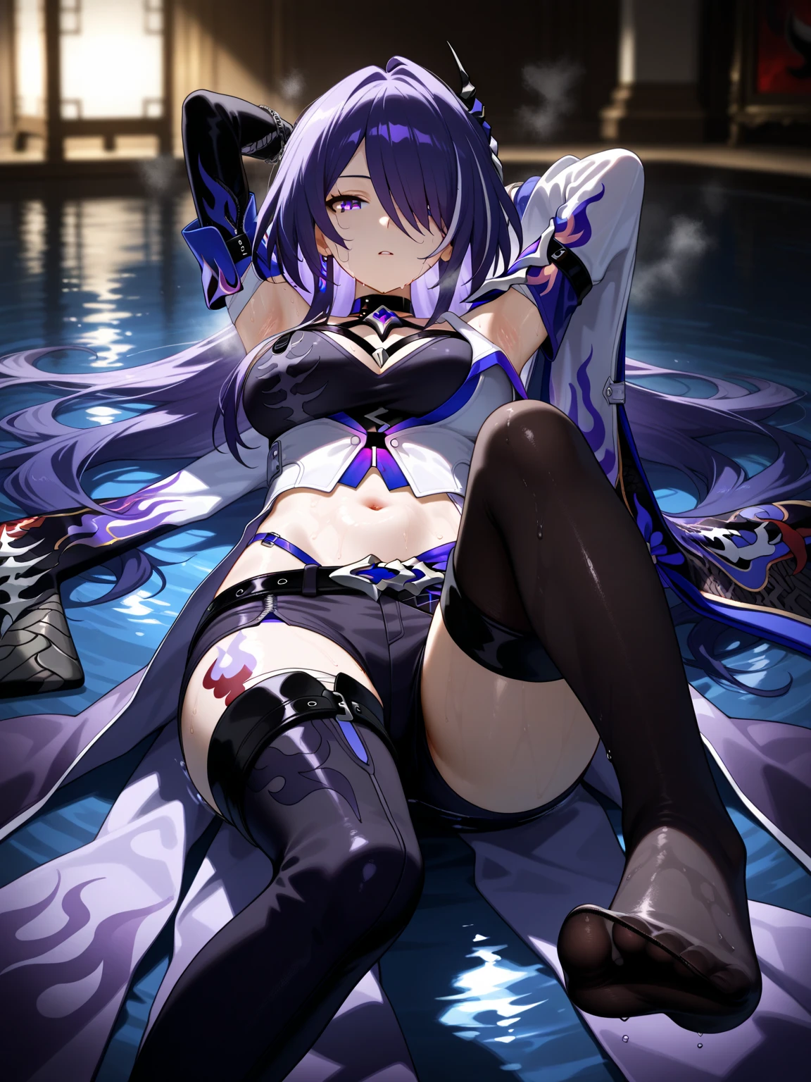 (Best quality: 1.3), (Masterpiece: 1.3), (Ultra Detail: 1.3), (wallpaper, 1 girl, sitting: 1.1), ,([diamond:1.3|eyes]:1.2), ([opal:1.9|gradient_hair:1.1]:1.2), (hair dripping:1.1), (detailed hands and fingers:1.2),(detailed super oily shiny skin:1.1),([wet:0.8|mucus]),oily shiny thighhigh,colorful, looking at viewer, red eyes,,uniform,white background, full body,corrpution