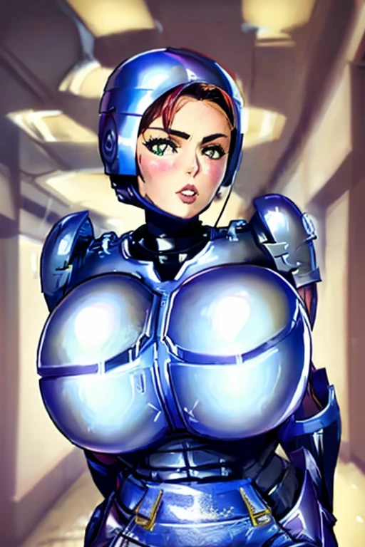 ((Radiant Aura:1.7)), 8k ((back view:1.0))((gigantic thighs:1.8)) (gigantic ass:1.6),(large eyes:1.3), defined cheekbones, ((looking back:1.4)), ((the pit style:1.4))((sleek chrome bodysuit:1.6)) ((zentai bodysuit:1.4)), ((visor))((intricate metal details:1.4))detailed face:1.5), lightblue skin,(puffy lips:1.5) (lightblue skin:1.6), (bald woman:1.7), (skinhead) ((sexy pose)),(Muscular:1.3), (((gigantic breasts:1.6))), )highly detailed, majestic, digital photography, art by artgerm and ruan jia and greg rutkowski, ((metal shoulder pads:1.2)), (masterpiece), sidelighting, intricate details, black and blue color palette, dark blue legs, dark blue ass, white upper body