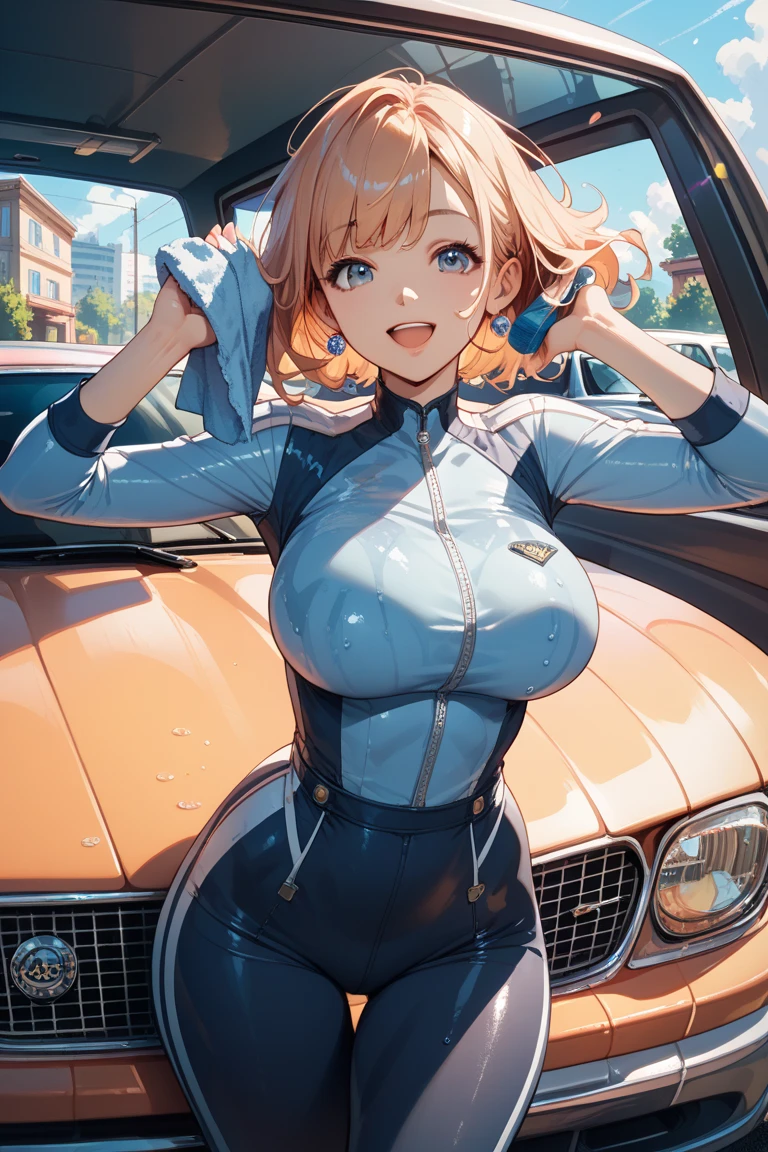 Anime illustration、highest quality、A short and voluptuous companion、White and blue rash guard with company logo、Stadium、A vast automobile exhibition、Perfect proportions、overwhelmingly big breasts、Thick legs、Beautiful, shining eyes、Cowboy Shot、smile、Excessive sweating、Noise Reduction