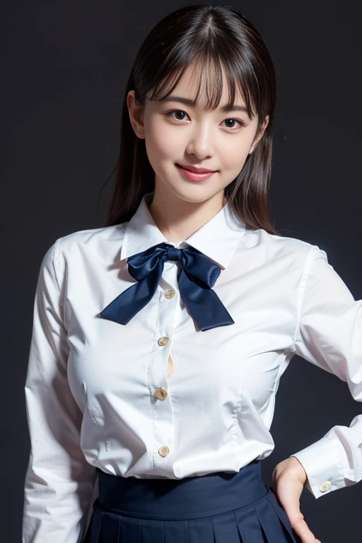 (Highest quality:1.5), (Real:1.4), (Ultra high definition:1.4), (No correction:1.4), (Skinny 18 year old girl), (Plain background), (1 Japanese very thin girl with flat chest in eighteen years old), (very thin body), skinny face, (Beautiful skin), (White blouse in school uniform), (School uniform black skirt), (girl is wearing white blouse and black skirt), (very thin girl is standing front plain back ground), (18yo very thin girl is standing front plain back ground in studio), (front view of a flat chest girl), Photo studio, (Upper Body), (smile), (Turn your body forward), (flat chest), (very thin)