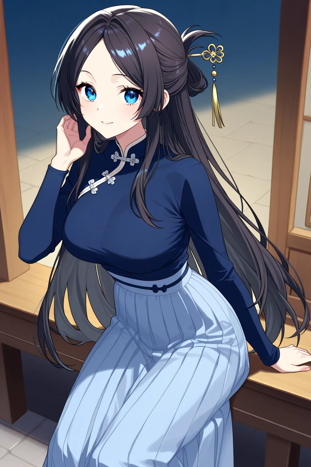 Long Hair,Brown Hair,Blue eyes,Dog Ear,anime,slender,adult sister,China Dress, blush, embarrassed, white tights, open clothes, big breasts