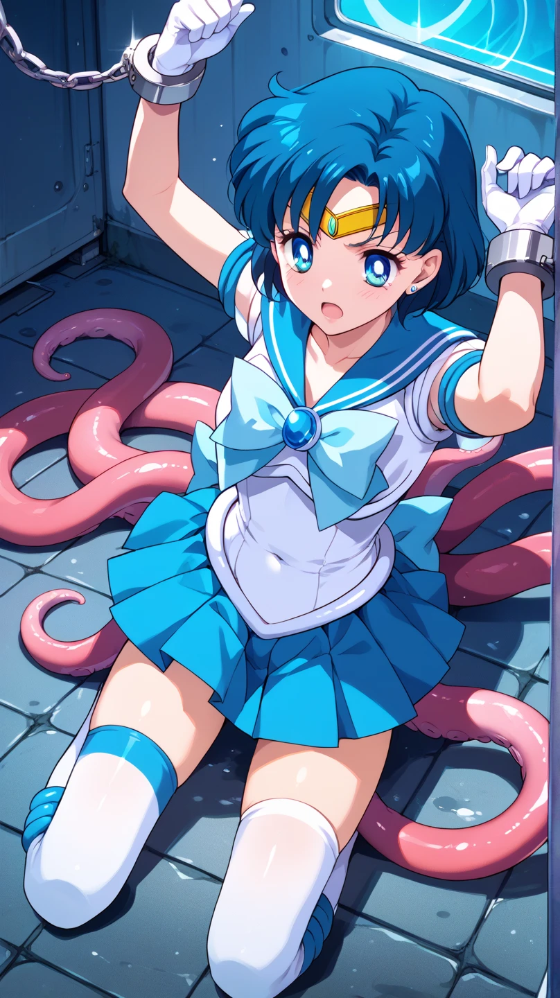 masterpiece, Highest quality, High resolution, Sailor Mercury　nude　1990s \(style\),、(Big Breasts)、Sweating all over the body、vapor、Spread your legs、Tentacles wrap around the body、Tentacles wrap around your arm、Tentacles wrap around legs、Tentacles entering the vagina　shout　Crying face