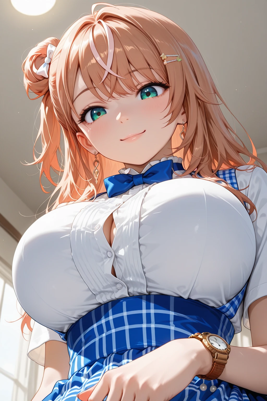 best quality, masterpiece, extremely detailed CG, official art , professional lighting, detailed background, sakimiyairuka, red hair, green eyes, one side up, medium hair, green scrunchie, hair ornament, gleaming skin, big breasts, playboy bunny,(black pantyhose, bowtie, wrist cuffs)