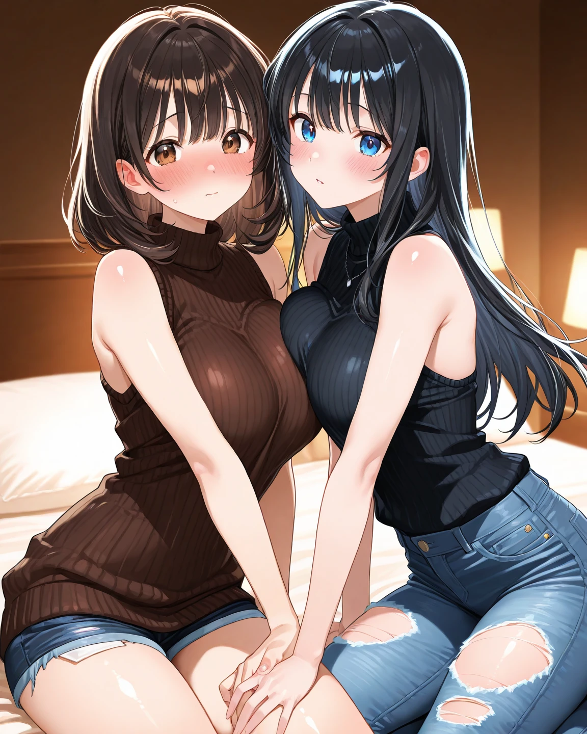 Lesbian,Girlfriend、Gazing at each other、sexual behavior、Do naughty things、Sex、Touching each other、sit、In close contact、Adult women、anime、エロanime、変態anime、In underwear、room、Sunset、blush、Black Hair、Brown Hair、smile、steam、Gazing at each other