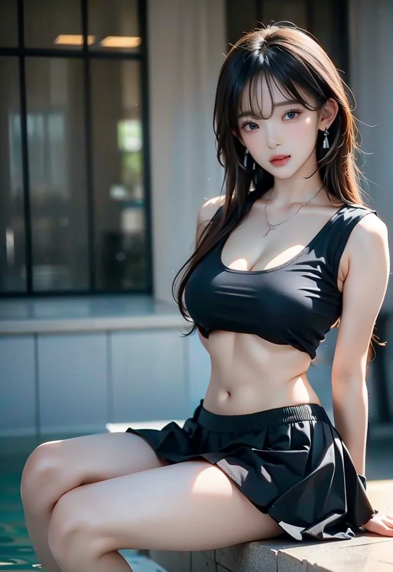(Best quality, 8k, Masterpiece :1.3), (realistic, photorealistic: 1.37), (1girl), (slim), (Japanese), (random pose), (long hair, random hairstyle), (outdoors), (Ultra-detailed face), (Detailed eyes), (Double eyelids), (eyeshadow intensifying), (many eyelashes), (professional lighting), (photon mapping), (radiosity), (looking directly at viewer), (full bodyesbian), (legs are open), (With a cropped T-shirt), (Slim figure), (Slim girl model), (25 years old female model), (gigantic cleavage breasts) (No bra, No top, Bare chest), (squeeze breast), 