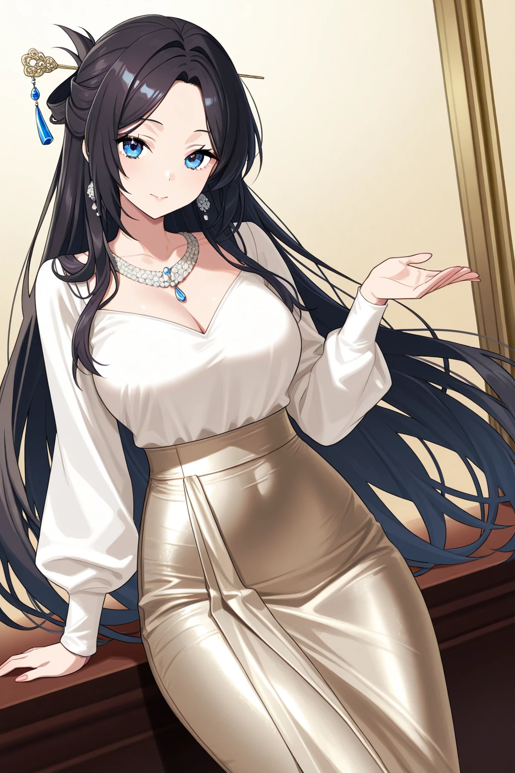 masterpiece, best quality,  <lora:zs_NagiPQ2:1> nagipq2, very long hair, black hair, green eyes, hair ornament, shirt, ascot, long sleeves, puffy sleeves, pants, knee boots, mature female, looking at viewer, smile, theater