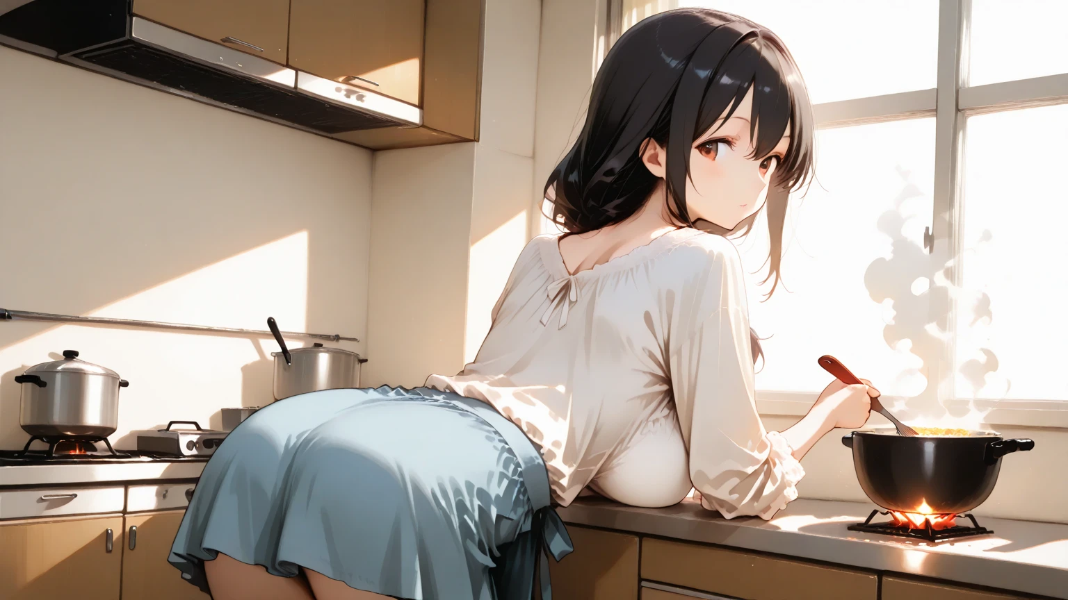 artwork, high quality, sharpness, a woman, beautiful, long black hair black color all messed up, black eyes, tearful, whole body, kneeling, breasts stuck to the floor, licking the floor, feet steaming , torn green shirt, white panties, bare legs, bare feet view from behind, titanic pink sandal taking off steam, skin color tile 