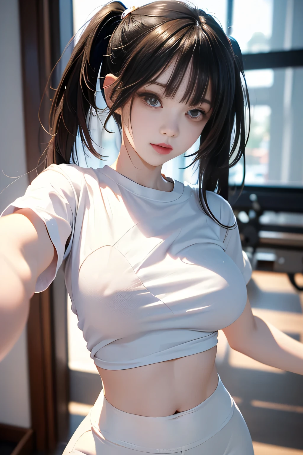 ((highest quality)),(ultra high resolution),(Super detailed),(detailed description),((best CG)),(best work of art),super precision art,amazing drawing art,(Art with precise details:1.5), (adult women:1.5),(beautiful and well-shaped face:1.6),(crop top tee:1.5),(hot pants:1.4)