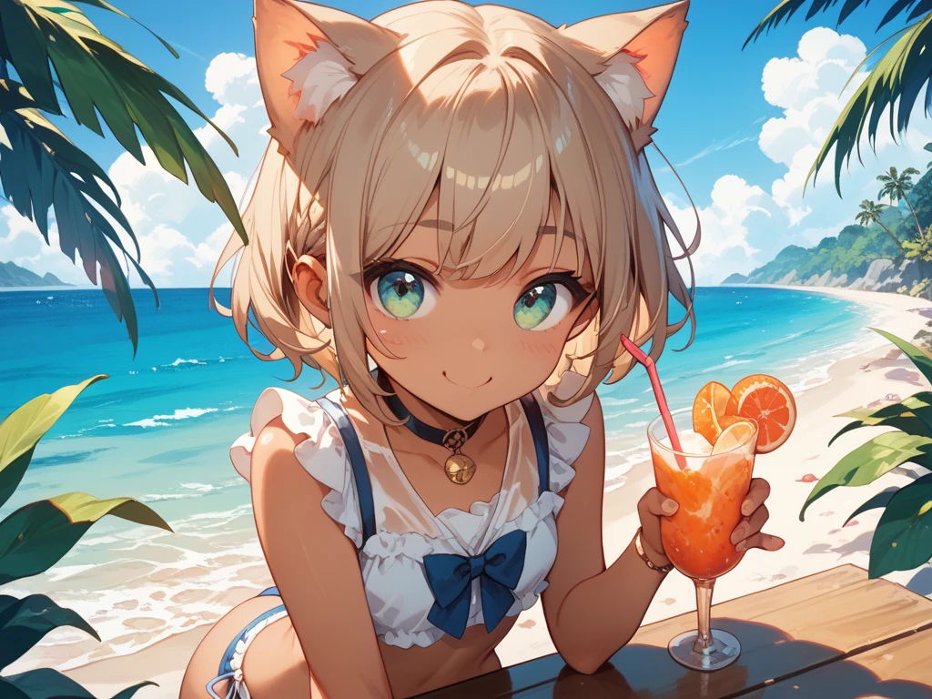 ((Masterpiece)), ((Squat)), (Sit on a white beach chair and drink tropical juice), (((Metallic White Bikini)), Cat-eared girl, Long-haired, Ponytail, (Silver-haired), Sad smile, Aqua Eyes, Small, 15 years old, Noon, Sunshine, Seaside, Fantastic sky