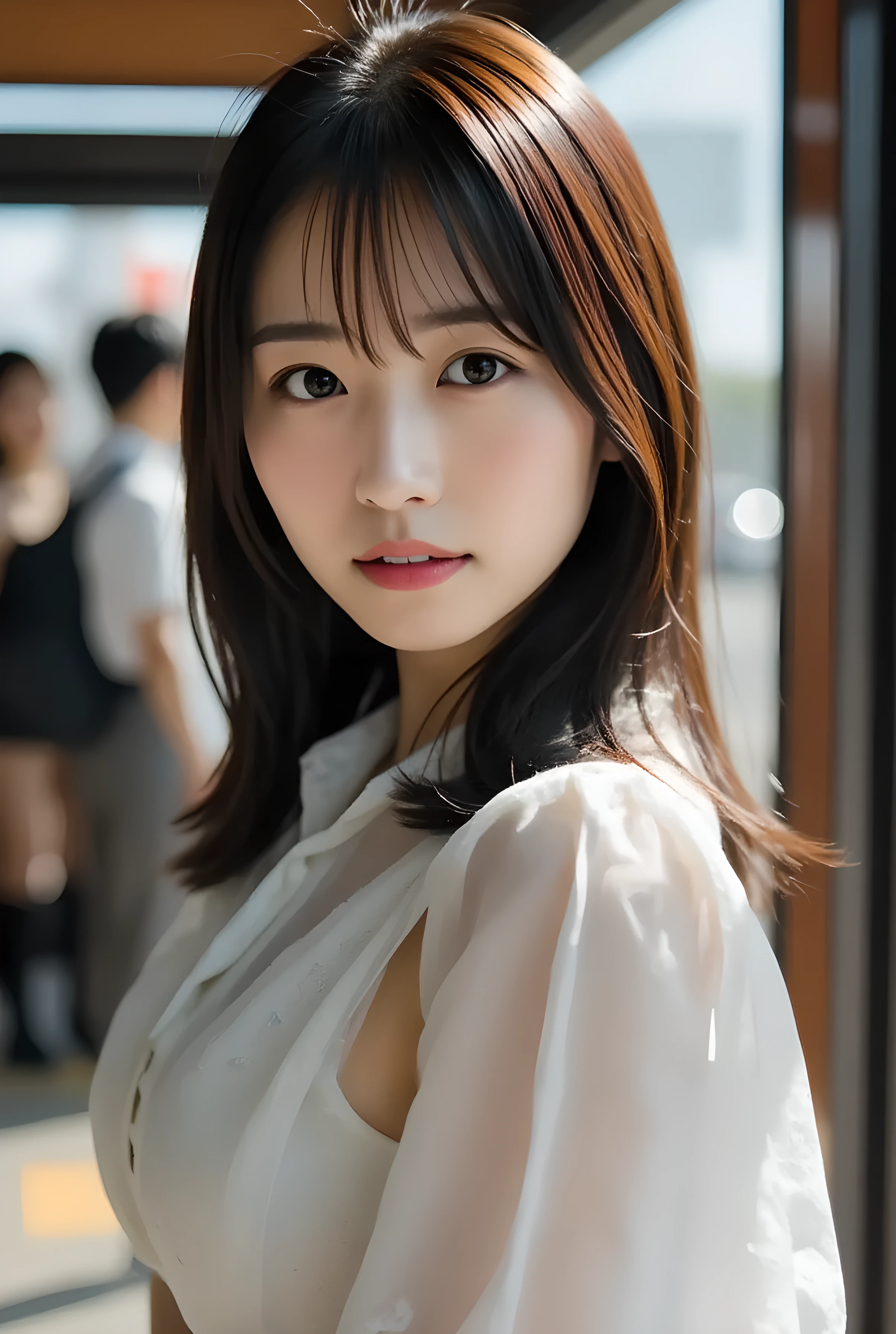       Super Real ,       photorealistic   ,    (Full body image:1.5),  she looks so happy      , shadow,           Global Illumination          , Alone, (Japanese woman in her 20s :1.5),      so beautiful、     cute smile ,    Slim,    brown hair ，　beautiful legs ， Long, slender legs ,       Surimi West   ， She's wearing a receptionist   ，wearing a bus guide  ，   turn your body forward、  white hair，full body photo  ，Please take a picture up to the tip of your foot  ，wear gray pantyhose on her legs  ，When the light hits stockings, they reflects beautifully.，　wears black high heels      ，