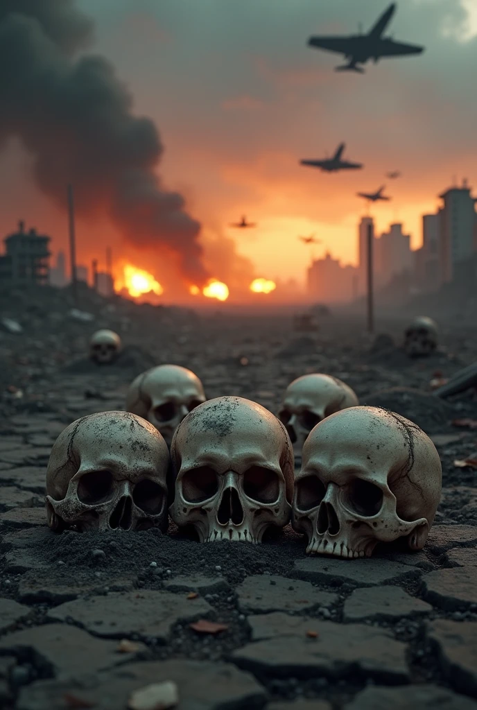 Huge pile of skulls in background of the post-war territory, concept of Desolation and Destruction