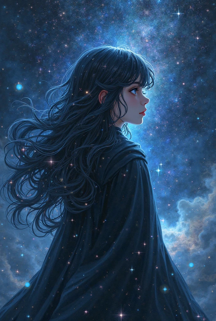 (dark dim dramatic atmosphere)+ 8k portrait of a girl with super long aurora hair, hair dissolving+ into bright stars, in drip modern clothing, intricate, highly detailed, digital painting, smooth, sharp focus, illustration, ((masterpiece)), (art by Yoshitaka Amano:2)